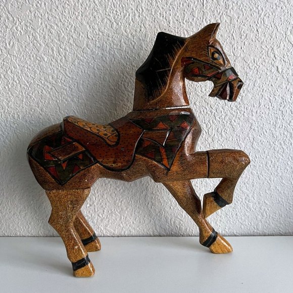 Hand Crafted Accents Hand Carved Painted Wooden Horse Figure Brown